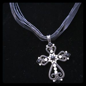 Black Cross Pendant on Ribbon and Cotton Cord